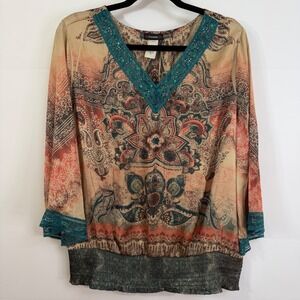 Vintage Cocomo Womens Boho Peasant Top Paisley Bell Sleeve XL Large Festival Y2K